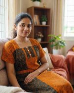 Comfortable Churidar Model Cotton Nighty with Buttons - 55 Inches Long - Black + Orange