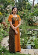 Comfortable Churidar Model Cotton Nighty with Buttons - 55 Inches Long - Black + Orange - Image 2