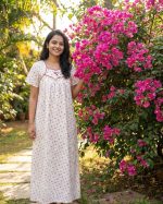 Traditional Cotton Nighty, 55 Inches Length - White + Orange - Image 2