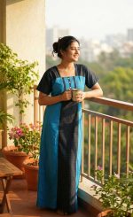 Comfortable Churidar Model Cotton Nighty with Buttons - 55 Inches Long - Black + Blue - Image 2