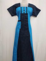 Comfortable Churidar Model Cotton Nighty with Buttons - 55 Inches Long - Black + Blue - Image 4