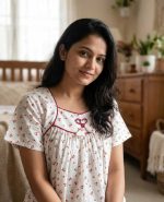 Traditional Cotton Nighty, 55 Inches Length - White + Orange