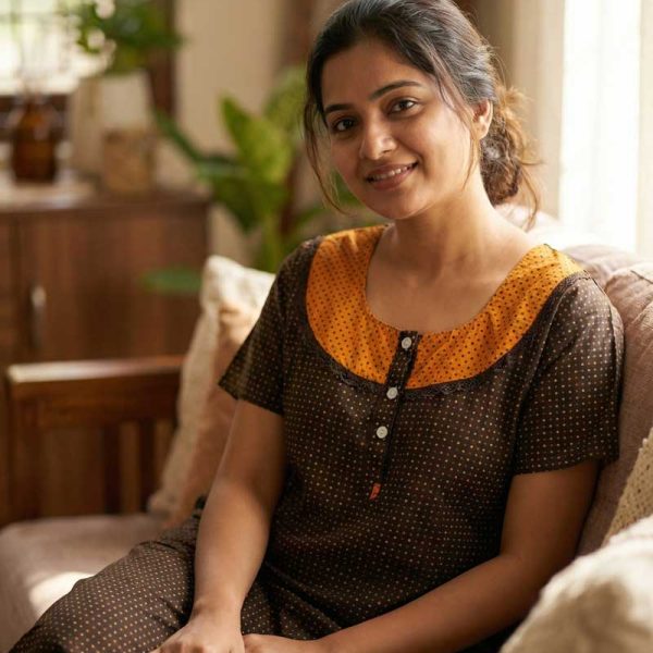 Comfortable Churidar Model Cotton Nighty with Buttons - 55 Inches Long - Black