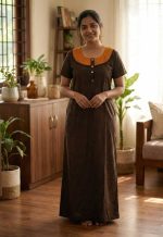 Comfortable Churidar Model Cotton Nighty with Buttons - 55 Inches Long - Black - Image 2