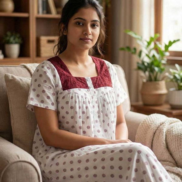 Comfortable Front Open Cotton Nighty With Buttons, Hakoba Yoke - 55 inches long - White & Maroon