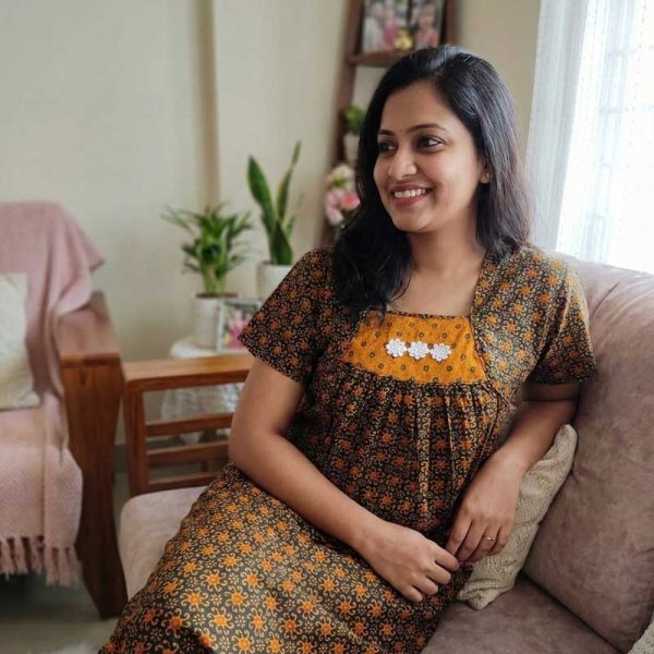 Traditional Cotton Nighty, 55 Inches Length - Black + Orange