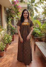 Traditional Cotton Nighty, 55 Inches Length - Black + Orange - Image 2