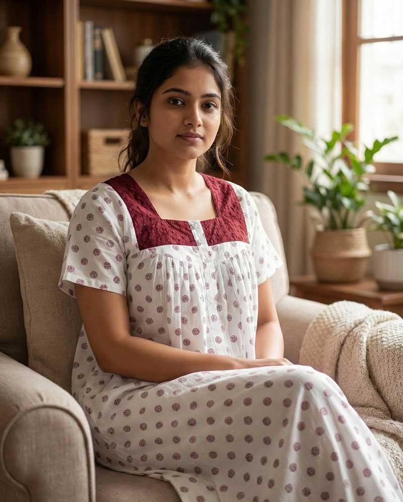 56 Comfortable Front Open Cotton Nighty With Buttons, Hakoba Yoke - 55 inches long - White & Maroon - Image 1