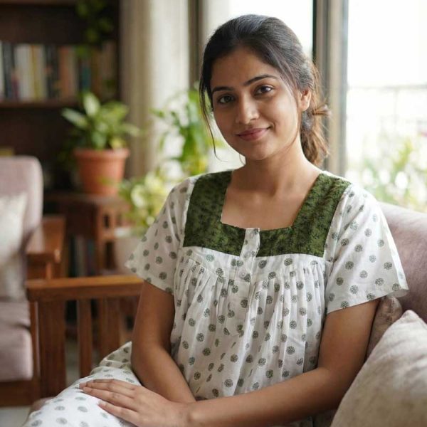 Comfortable Front Open Cotton Nighty With Buttons, Hakoba Yoke - 55 inches long - White & Green