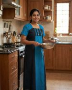 Comfortable Churidar Model Cotton Nighty with Buttons - 55 Inches Long - Blue + Black - Image 2