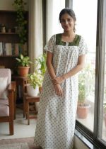 Comfortable Front Open Cotton Nighty With Buttons, Hakoba Yoke - 55 inches long - White & Green - Image 2