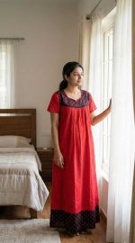 Traditional Cotton Nighty, 55 Inches Length - Dark Rose - Image 2