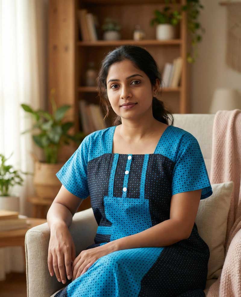 60 Comfortable Churidar Model Cotton Nighty with Buttons - 55 Inches Long - Blue + Black - Image 1