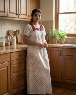 Comfortable Front Open Cotton Nighty With Buttons, Hakoba Yoke - 55 inches long - White & Maroon - Image 2