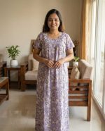 Comfortable Front Open Cotton Nighty With Buttons - 55 inches long - Purple - Image 2