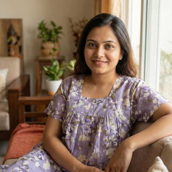 Comfortable Front Open Cotton Nighty With Buttons - 55 inches long - Purple