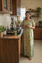 Comfortable Front Open Cotton Nighty With Buttons - 55 inches long - Green - Image 2