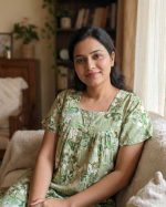 Comfortable Front Open Cotton Nighty With Buttons - 55 inches long - Green