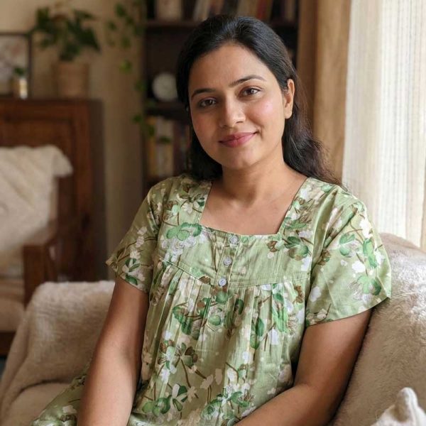 Comfortable Front Open Cotton Nighty With Buttons - 55 inches long - Green