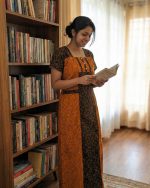 Comfortable Churidar Model Cotton Nighty with Buttons - 55 Inches Long - Orange + Black - Image 2