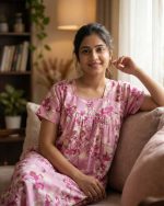 Comfortable Front Open Cotton Nighty With Buttons - 55 inches long - Rose