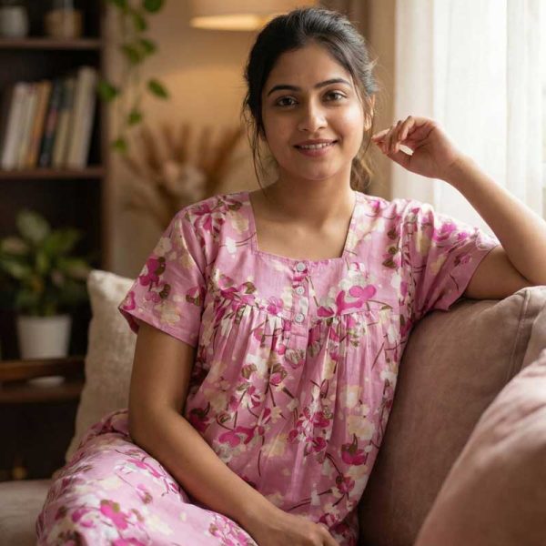 Comfortable Front Open Cotton Nighty With Buttons - 55 inches long - Rose