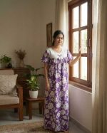 Traditional Cotton Nighty, 55 Inches Length with Hakoba Yoke - Violet - Image 2