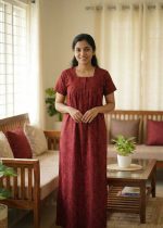 Comfortable Front Open Cotton Nighty With Buttons - 55 inches long - Red - Image 2