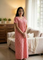 Traditional Cotton Nighty, 55 Inches Length - Peach - Image 2