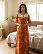 Comfortable Churidar Model Cotton Nighty, 55 Inches Long, 3/4th Sleeves - Yellow - Image 2