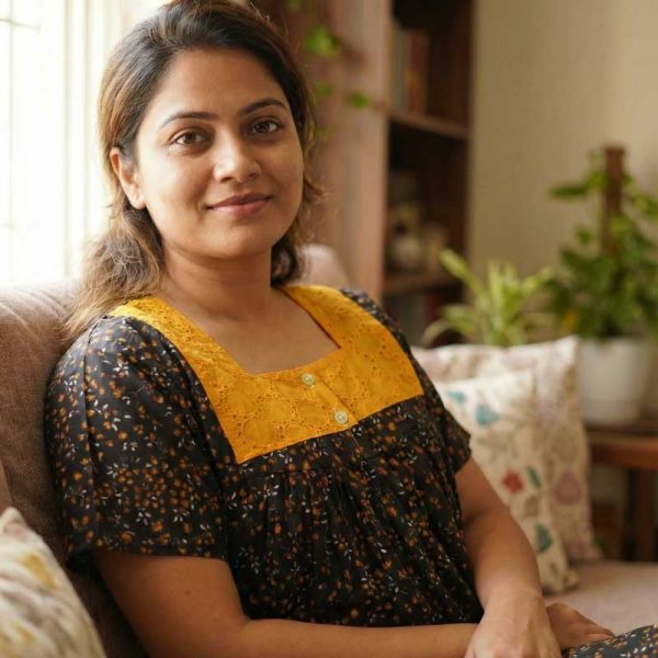 Front Open Cotton Nighty With Buttons, 55 Inches Long, Yellow Hacoba Neck - Black