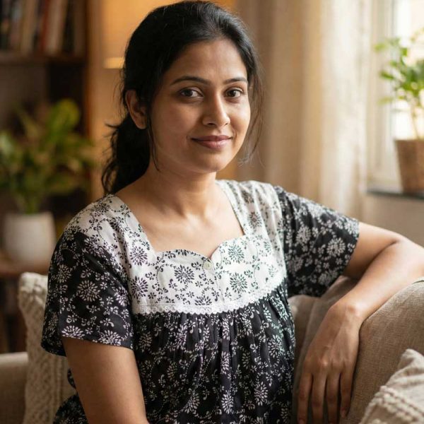 Front Open Cotton Nighty With Buttons, 55 Inches Long - Black + White