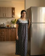 Front Open Cotton Nighty With Buttons, 55 Inches Long - Black + White - Image 2