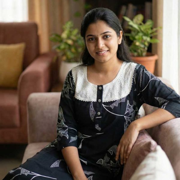 Comfortable Churidar Model Cotton Nighty, 55 Inches Long, 3/4th Sleeves - Black