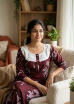 Comfortable Churidar Model Cotton Nighty, 55 Inches Long, 3/4th Sleeves - Maroon