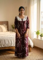 Comfortable Churidar Model Cotton Nighty, 55 Inches Long, 3/4th Sleeves - Maroon - Image 2