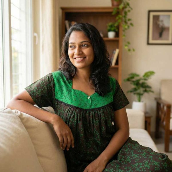 Front Open Cotton Nighty With Buttons, 55 Inches Long - Black + Green