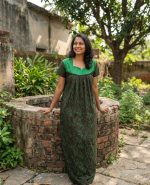 Front Open Cotton Nighty With Buttons, 55 Inches Long - Black + Green - Image 2