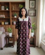 Front Open Cotton Nighty With Buttons, 55 Inches Long, Hakoba Yoke, 3/4th Sleeves - Brown - Image 2