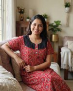 Comfortable Churidar Model Ajrakh Nighty, 55 Inches Long, Hakoba Yoke - Red