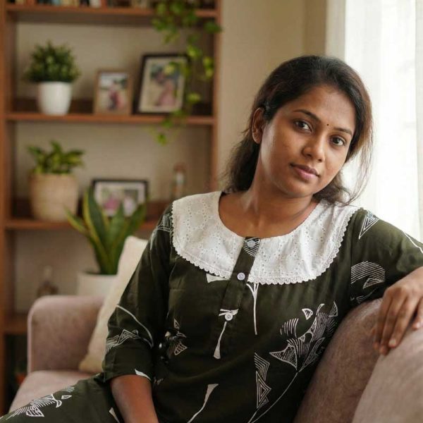 Comfortable Churidar Model Cotton Nighty, 55 Inches Long, 3/4th Sleeves - Green