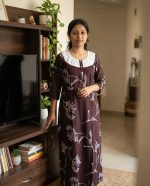 Comfortable Churidar Model Cotton Nighty, 55 Inches Long, 3/4th Sleeves - Purple - Image 2