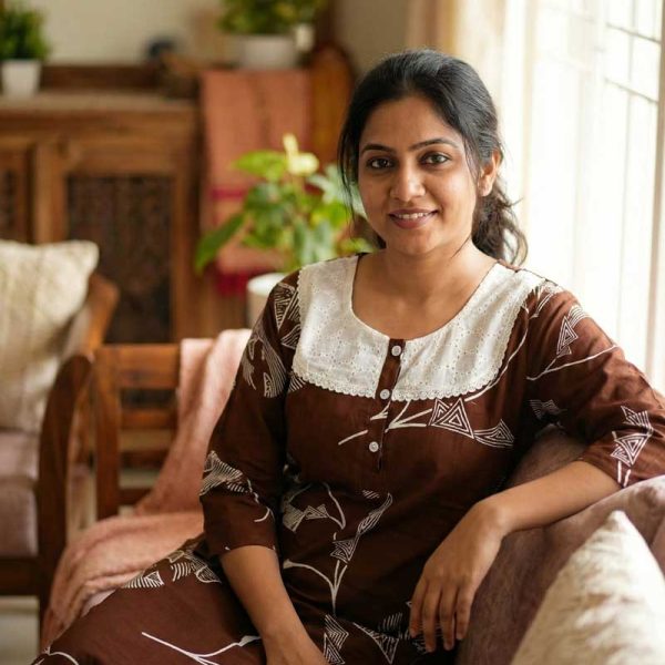 Comfortable Churidar Model Cotton Nighty, 55 Inches Long, 3/4th Sleeves - Brown