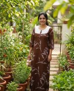 Comfortable Churidar Model Cotton Nighty, 55 Inches Long, 3/4th Sleeves - Brown - Image 2