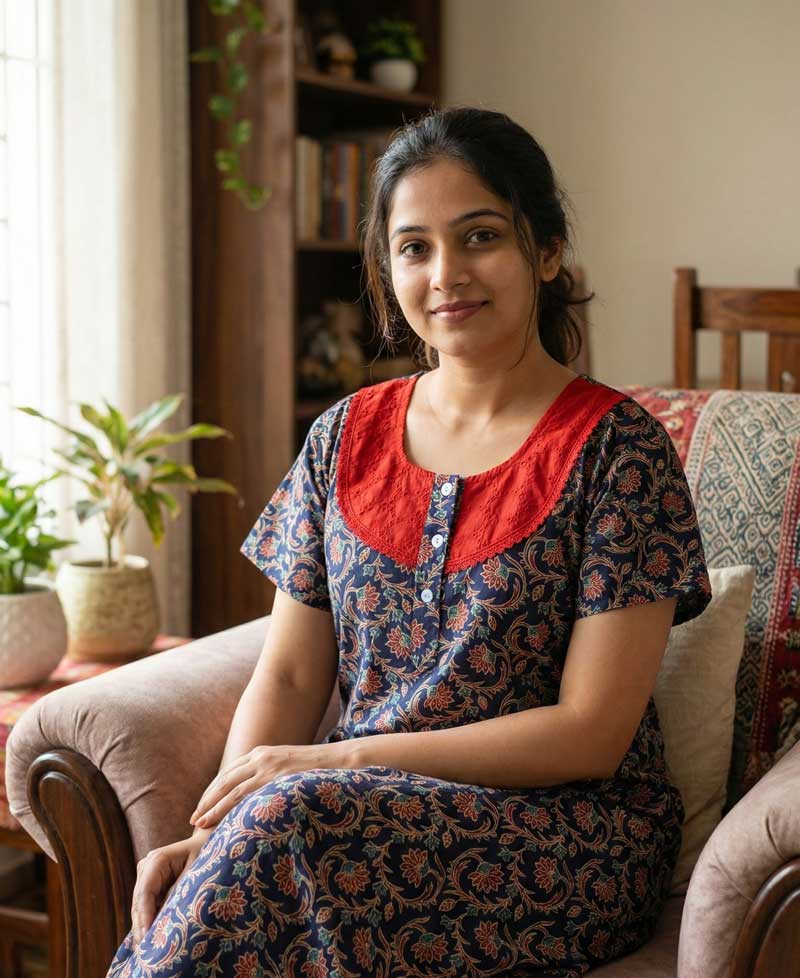 AO1 Comfortable Churidar Model Ajrakh Nighty, 55 Inches Long, Hakoba Yoke - Blue - Image 1