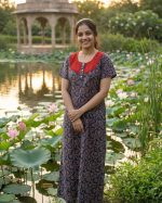 Comfortable Churidar Model Ajrakh Nighty, 55 Inches Long, Hakoba Yoke - Blue - Image 2