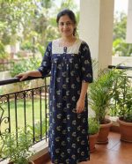 Front Open Cotton Nighty With Buttons, 55 Inches Long, Hakoba Yoke, 3/4th Sleeves - Blue - Image 2