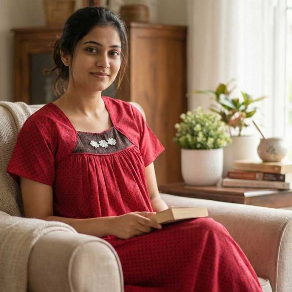 Traditional Cotton Nighty, 55 Inches Length - Black + Magenta