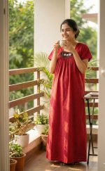 Traditional Cotton Nighty, 55 Inches Length - Black + Magenta - Image 2