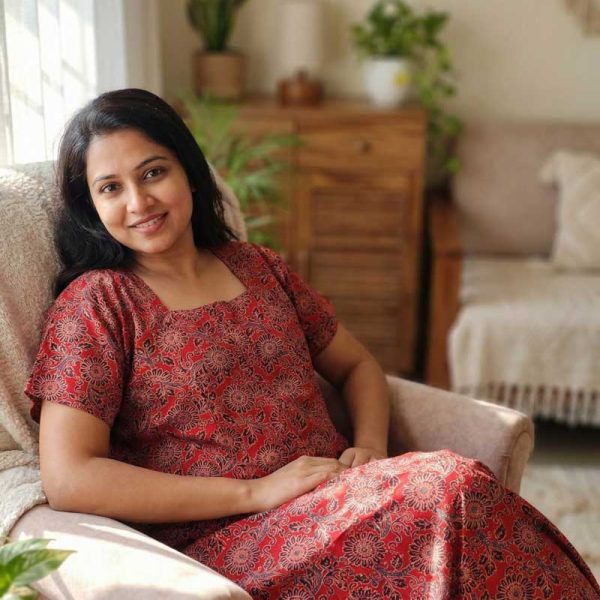 Front Open  Ajrakh Cotton Nighty, 57 Inches Long - Red